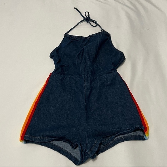 Urban Outfitters Rainbow Stripe Denim Halter Romper - Picture 1 of 3